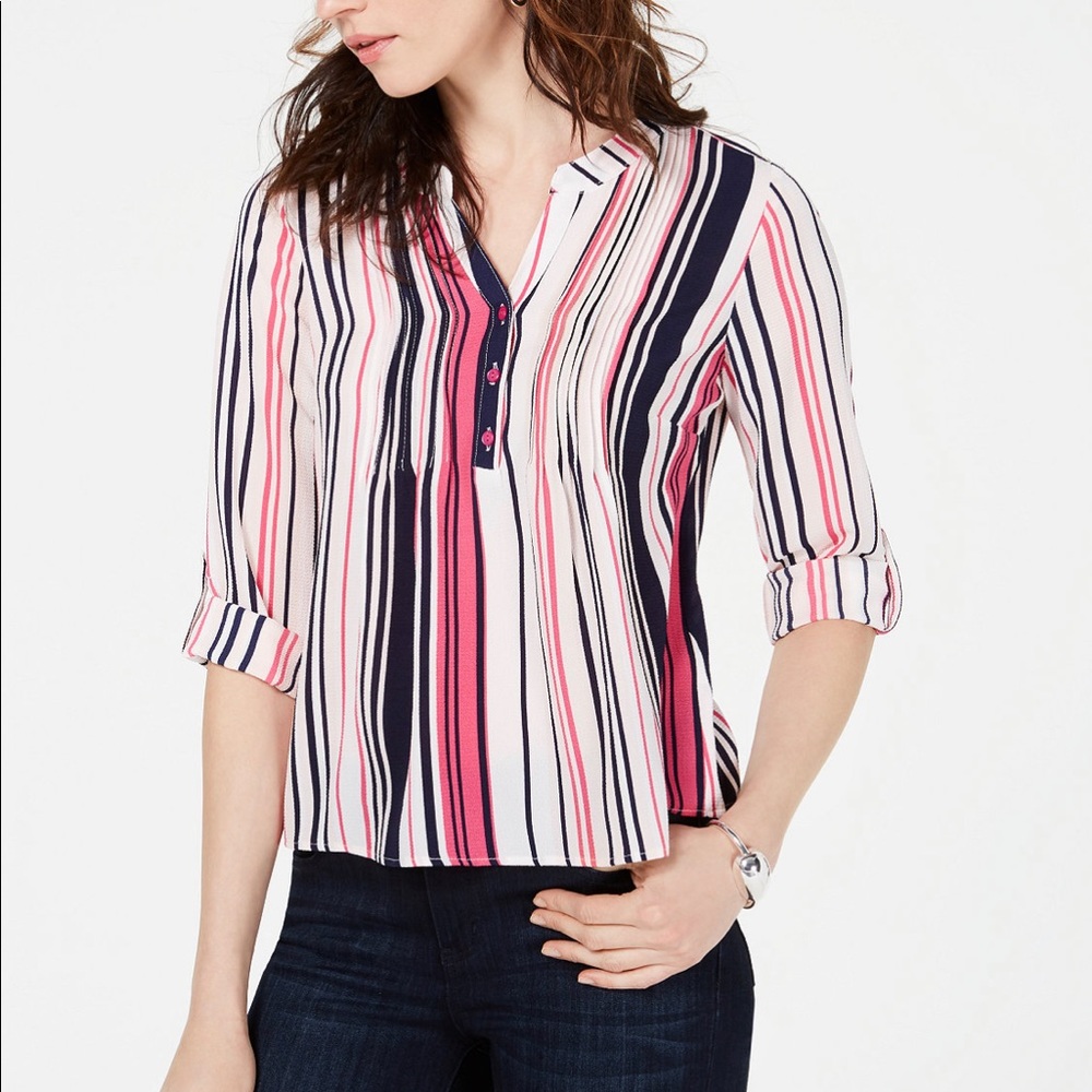 NY Collection Striped Roll Tab Top